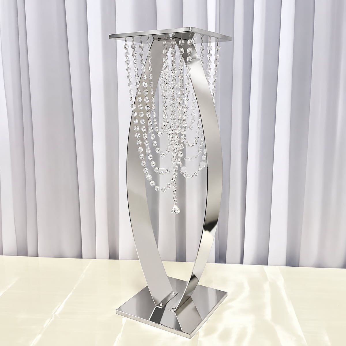 Curved Metal Pedestal Stand with Hanging Crystal Bead Strands 