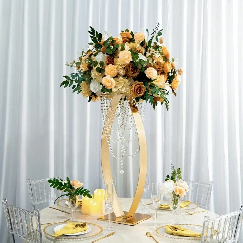 32-inch gold curved metal pedestal stand with hanging acrylic bead strands