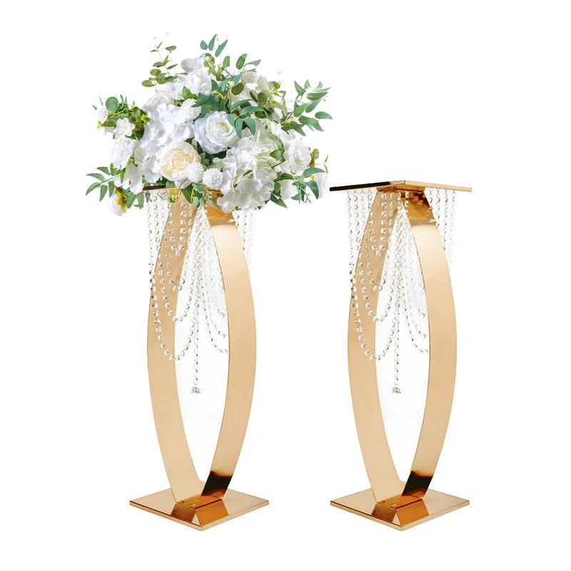 32-inch gold curved metal pedestal stand with hanging acrylic bead strands