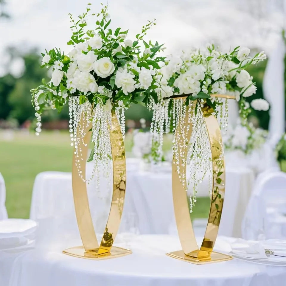 32-inch gold curved metal pedestal stand with hanging acrylic bead strands