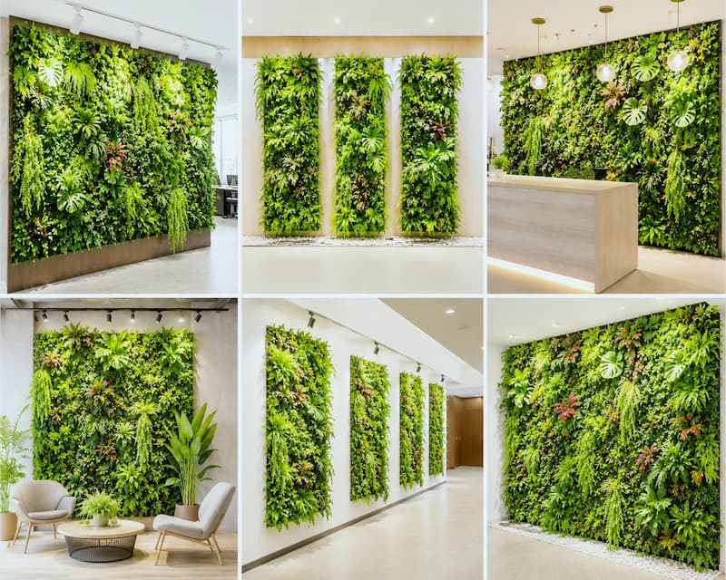 20x20 modular artificial greenery wall panels with mixed foliage and floral accents, interlocking backdrop for weddings and events