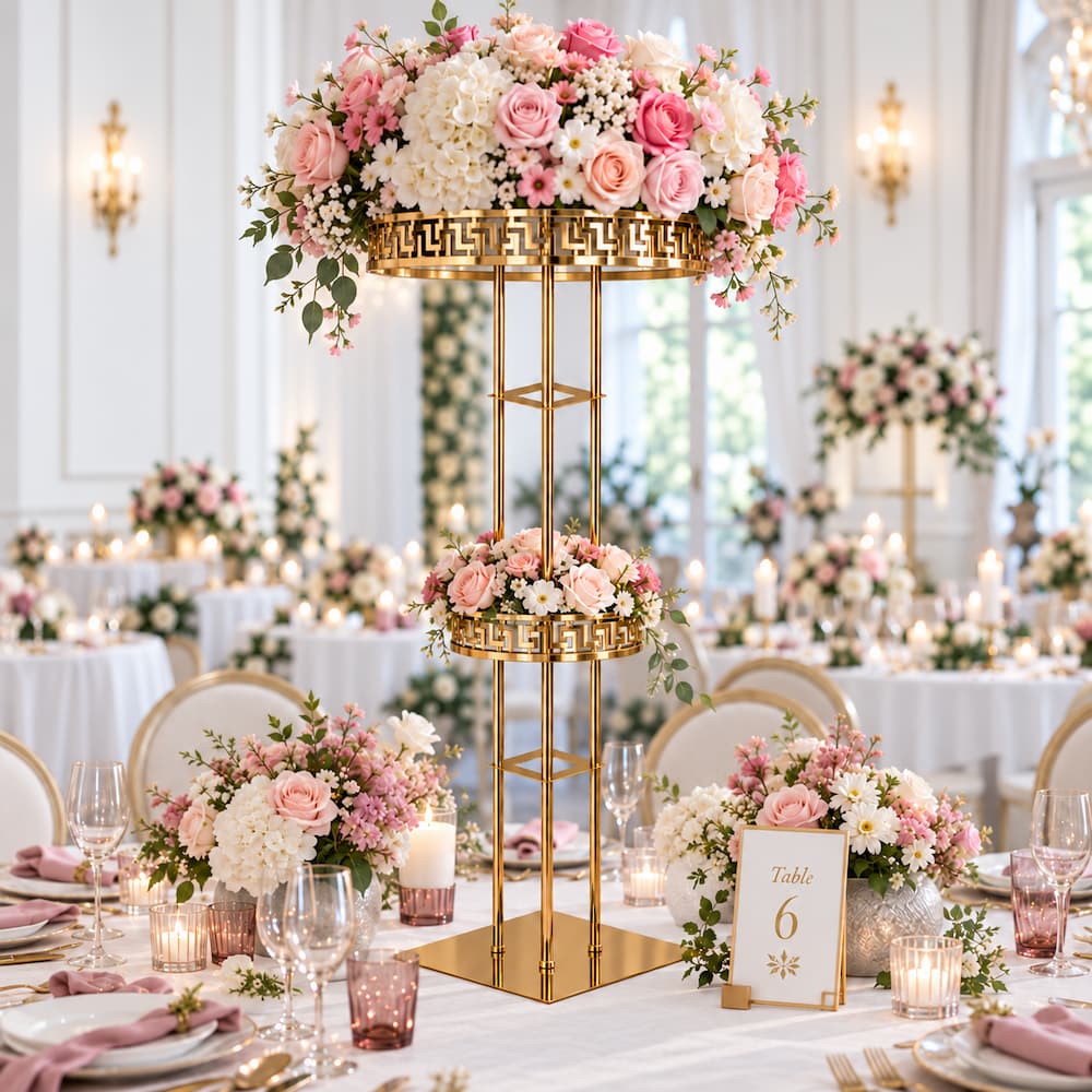 Gold 2-Tier Metal Flower Stand-48“ Tall