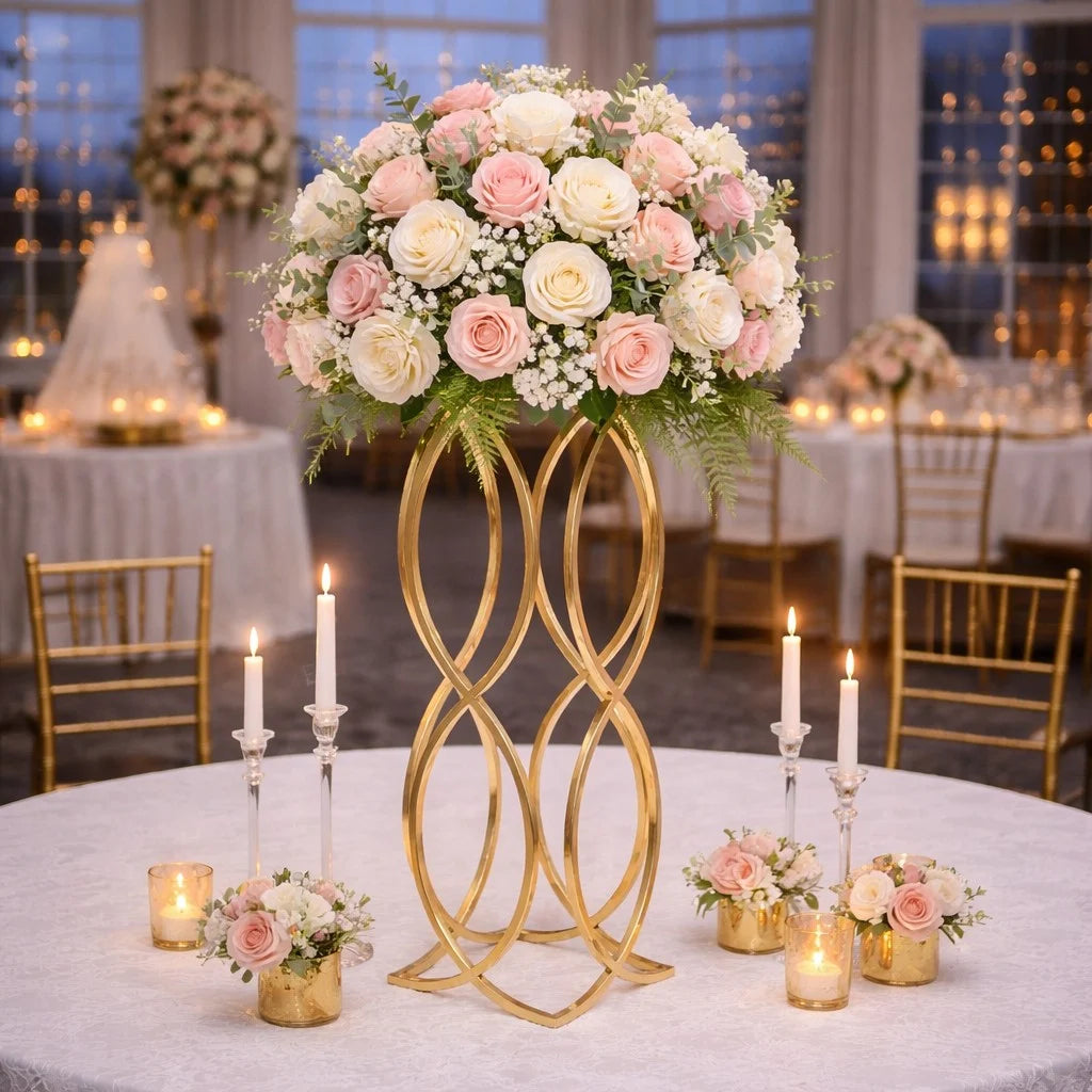 Gold twisted loop wedding centerpiece stand with blush floral arrangement indoor ceremony aisle decor