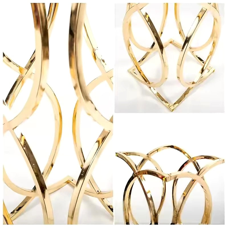 Close up gold twisted loop metal floral stand polished finish modern event decor display stand