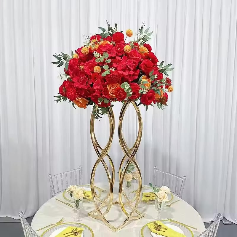 Gold loop floral stand centerpiece with red flower arrangement luxury wedding reception table decor