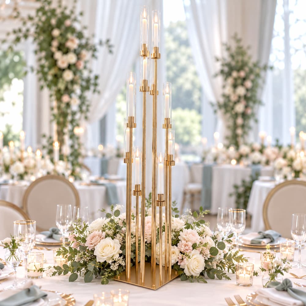 58" Tall 10-Arm Gold Metal Cluster Candelabra