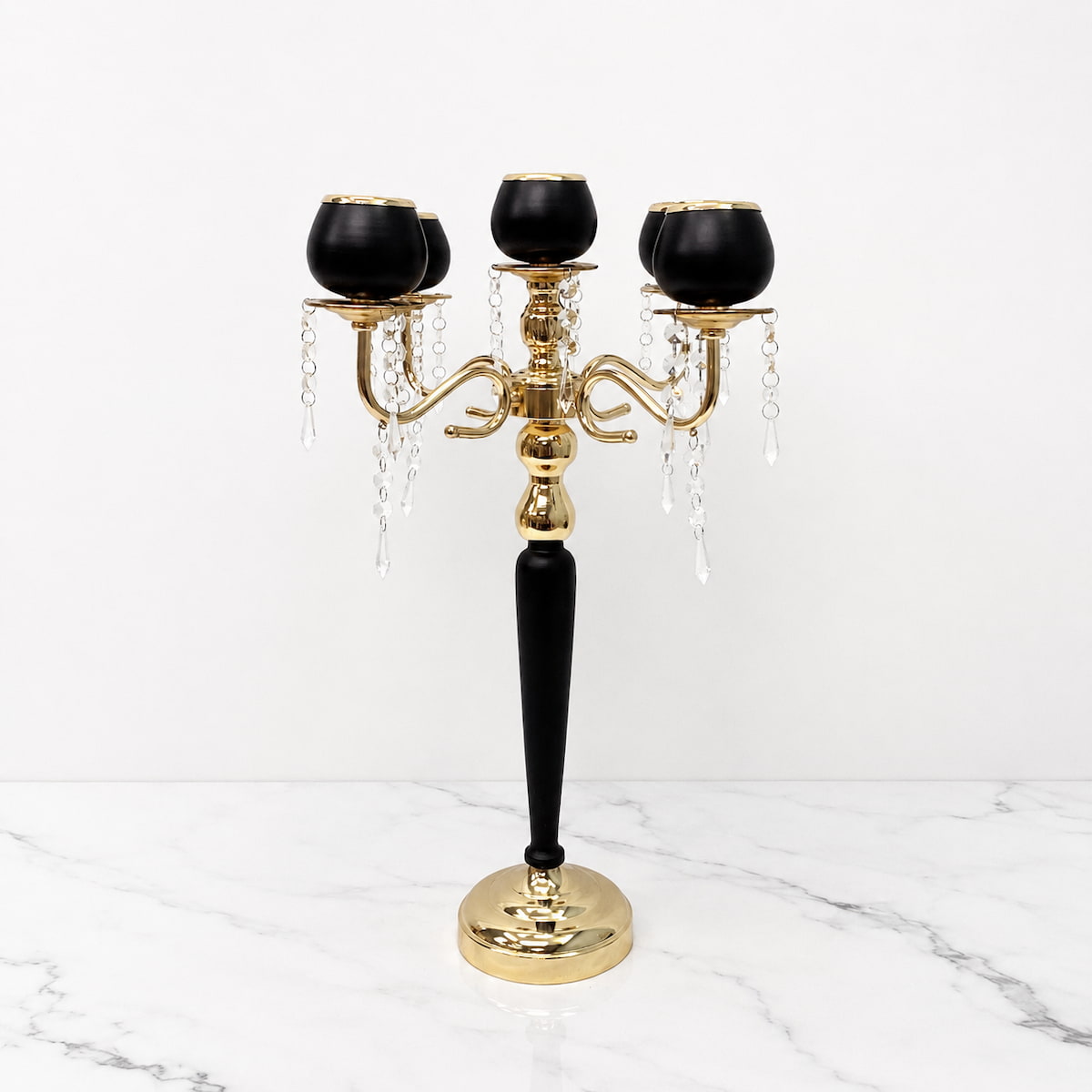 5-Arm Gold & Black Metal Candelabras – 23.6" Tall 
