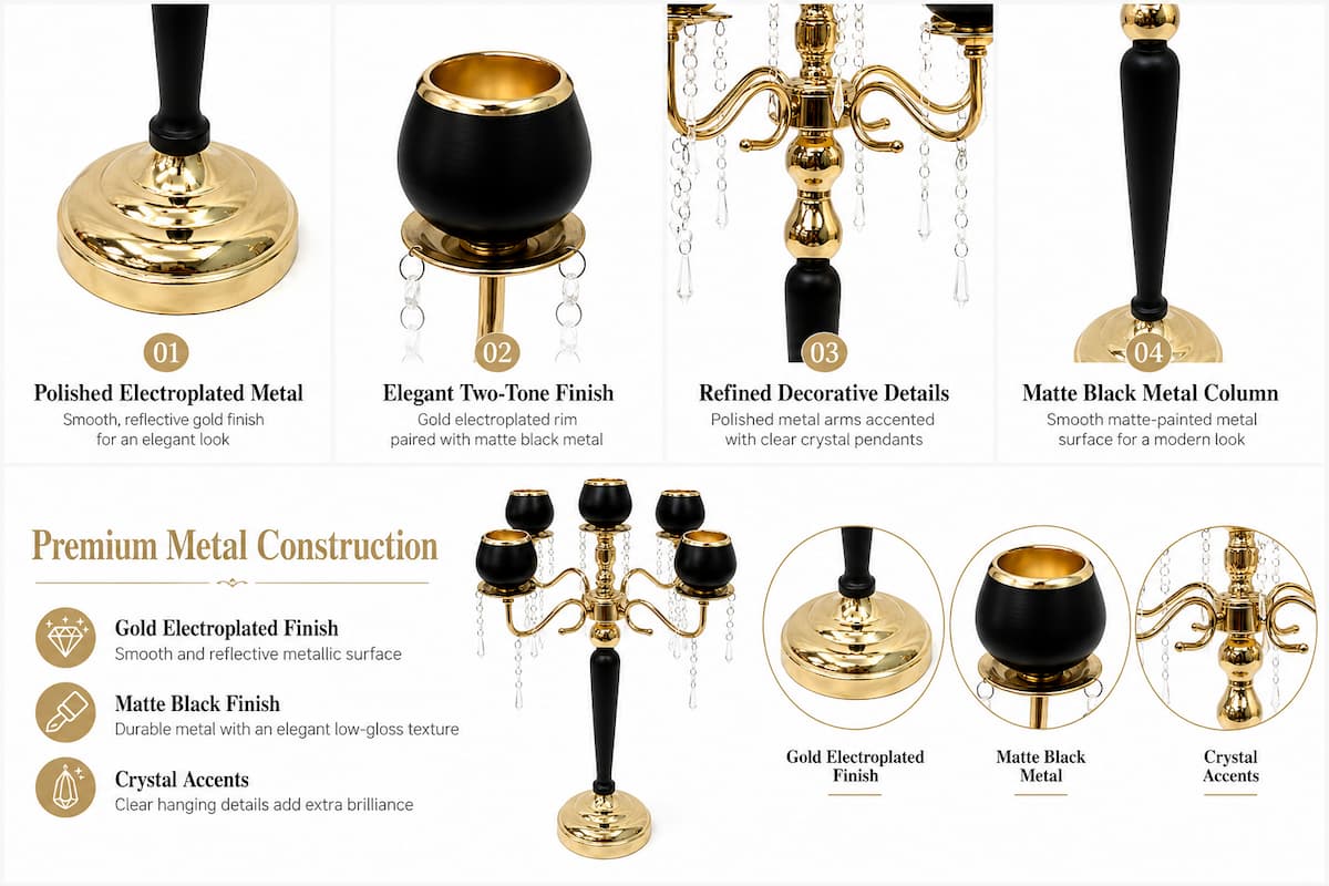 5-Arm Gold & Black Metal Candelabras – 23.6" Tall 