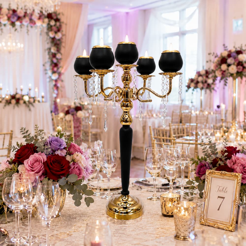 5-Arm Gold & Black Metal Candelabras – 23.6" Tall 
