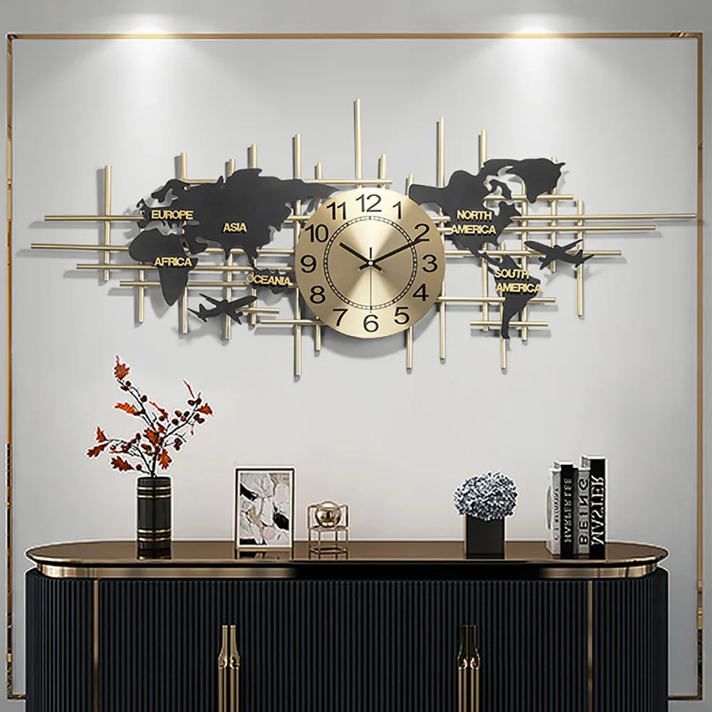 Modern 3D Metal World Map Wall Clock Decor