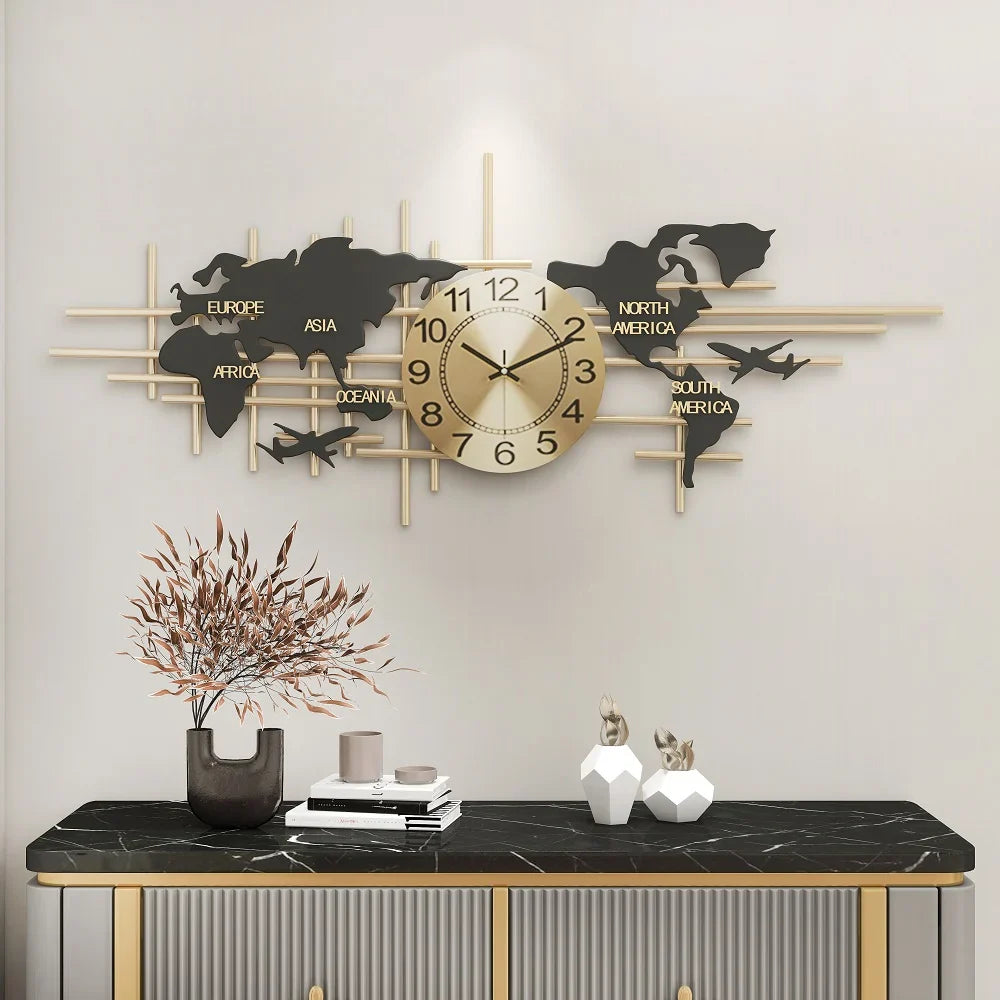 Modern 3D Metal World Map Wall Clock Decor