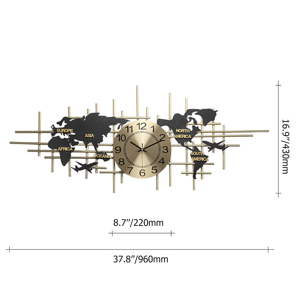 Modern 3D Metal World Map Wall Clock Decor
