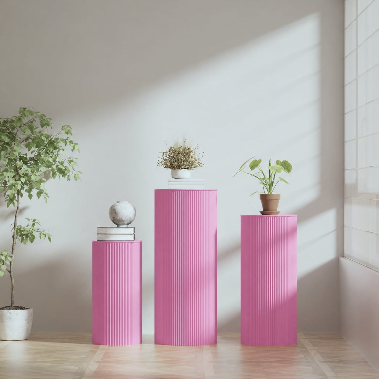 Large 3-Piece Pink Ribbed Metal Dessert Pedestal Set 