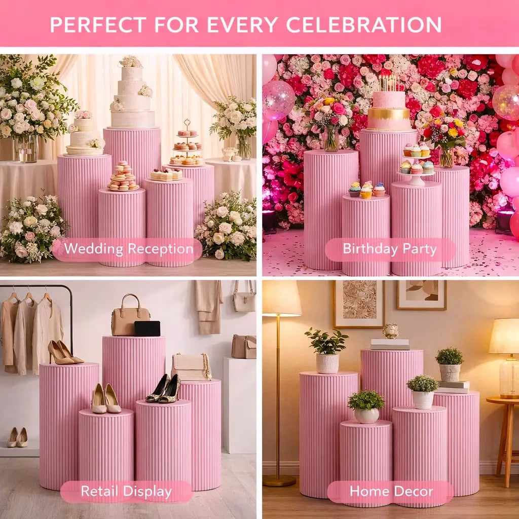 5-Piece Set Pink Ribbed Metal Dessert Pedestal Set 