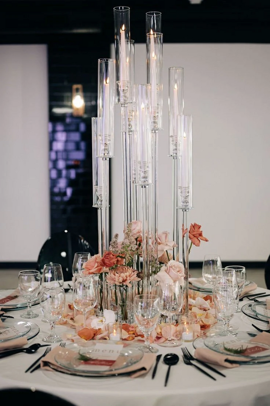 9 Arms 48 inches Tall | Crystal Glass  Candelabra | Wedding Centerpieces | Pillar Candle Holders With Round Mirror Base