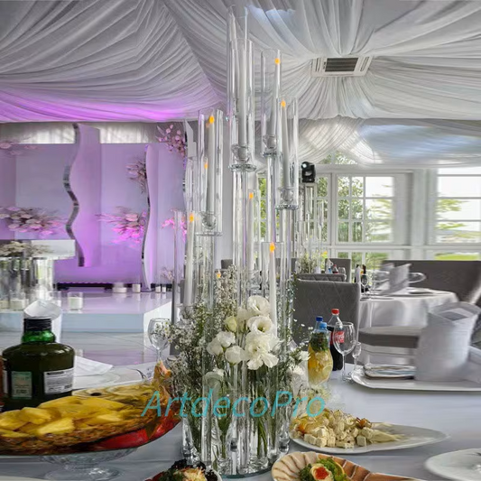 10 Arms 40 inches Tall | Crystal Glass  Candelabra | Wedding Centerpieces | Pillar Candle Holders With Round Mirror Base