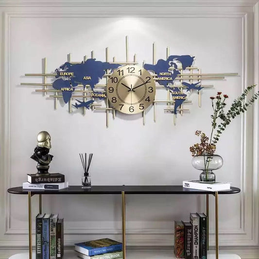 Modern 3D Metal World Map Wall Clock Decor