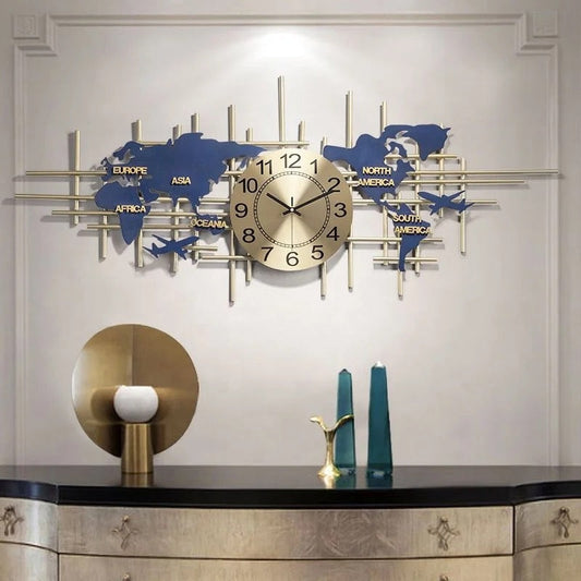 Modern 3D Metal World Map Wall Clock Decor